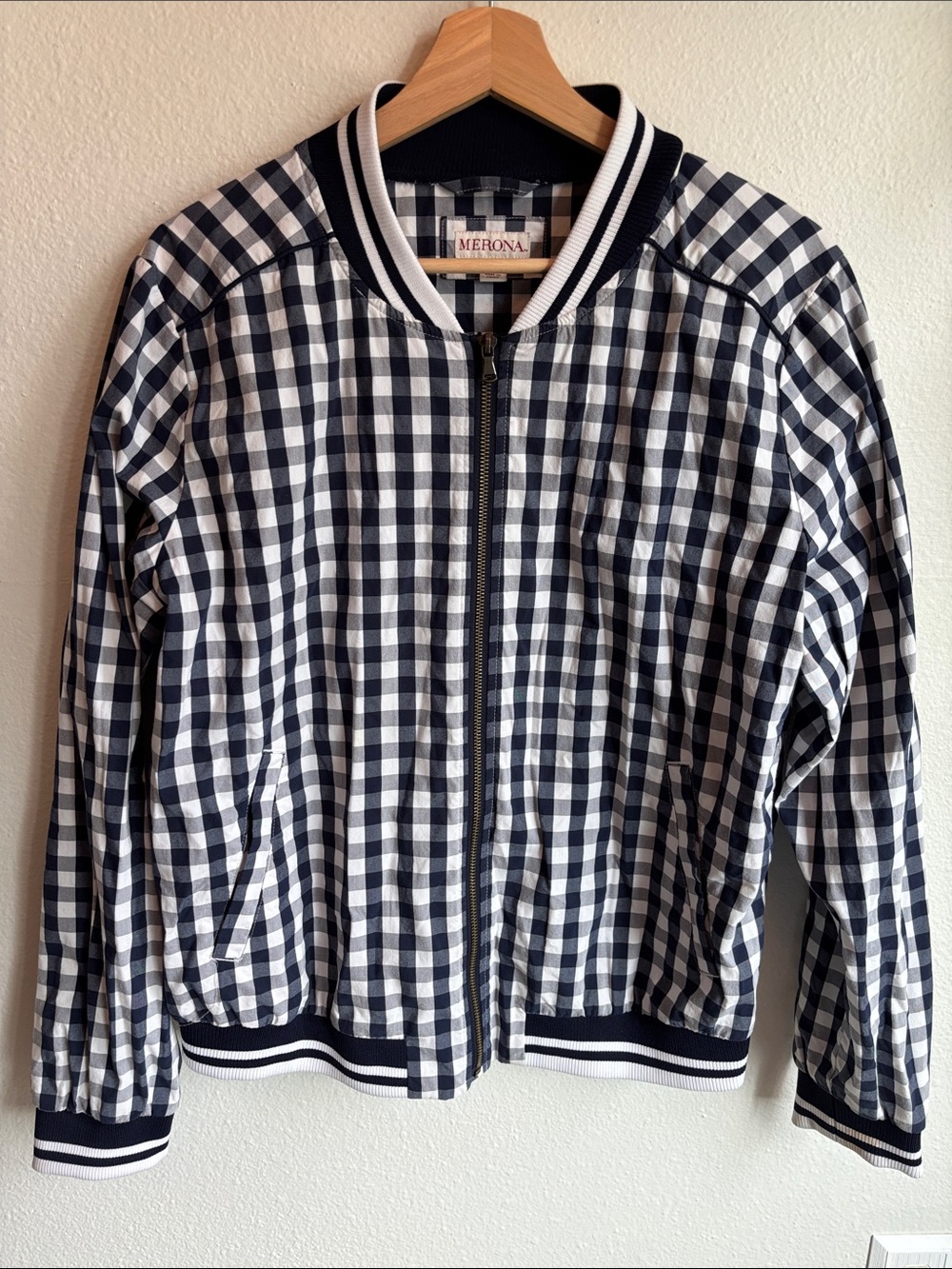 MERONA VTG Navy and White Gingham Bomber Jacket with Striped Trim XL